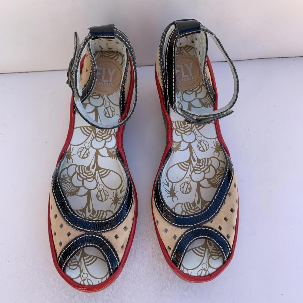 Fly London P500477017 Women's Ankle Strap Sandals Red White Wedges Size 7 - Picture 2 of 15